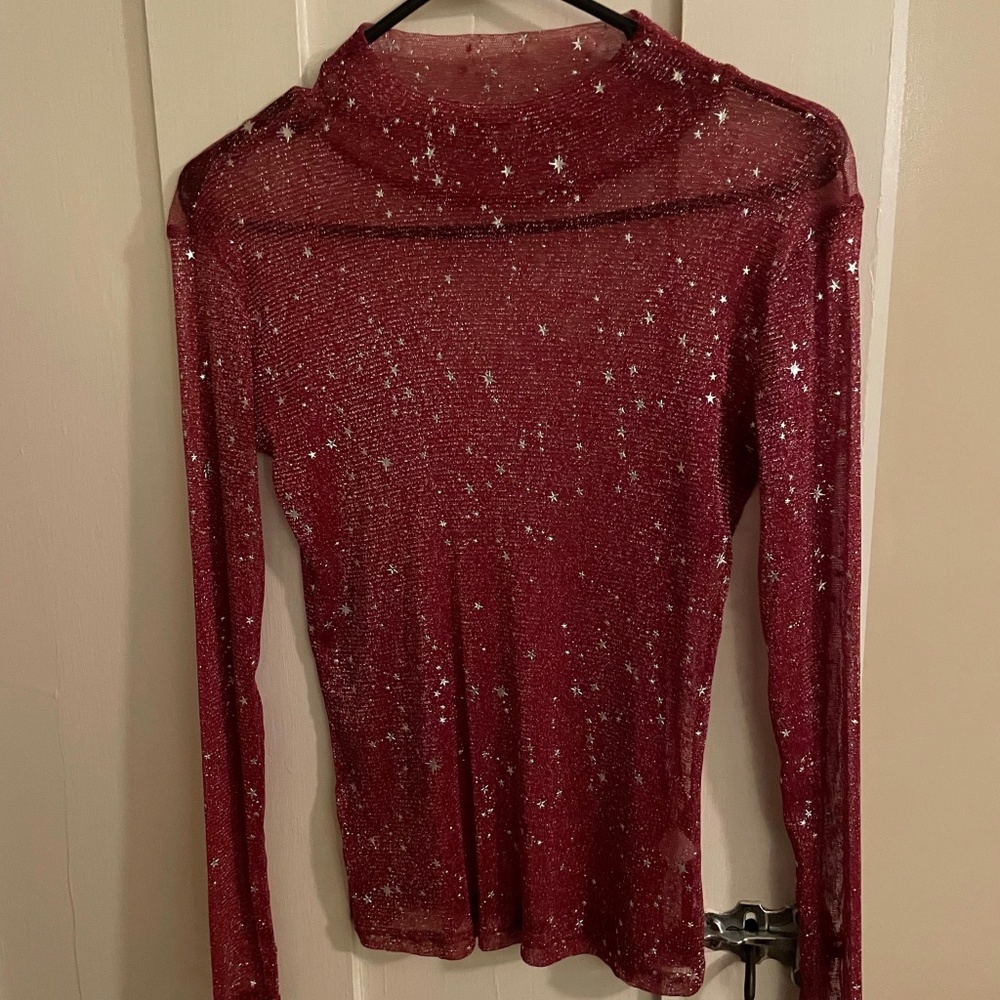 Red MANGOPOP Women's Long Sleeve Glitter Sheer Mesh Top Size Small